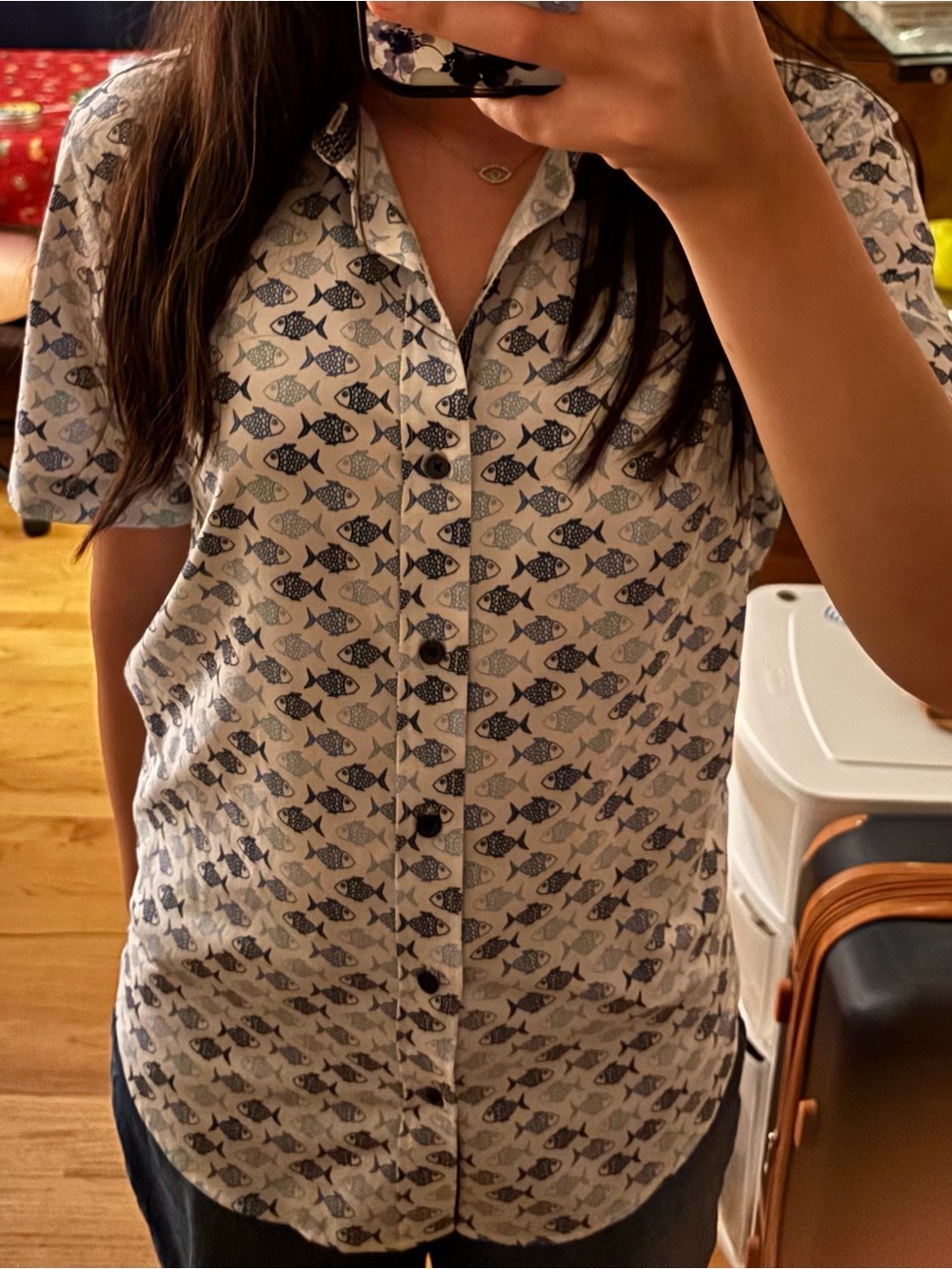 Casual Short-Sleeve Button Down Shirt in Ivory with Blue Fish Print